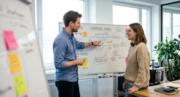 Chilliwack Marketing strategists outlining a marketing strategy and campaign funnel on a whiteboard
