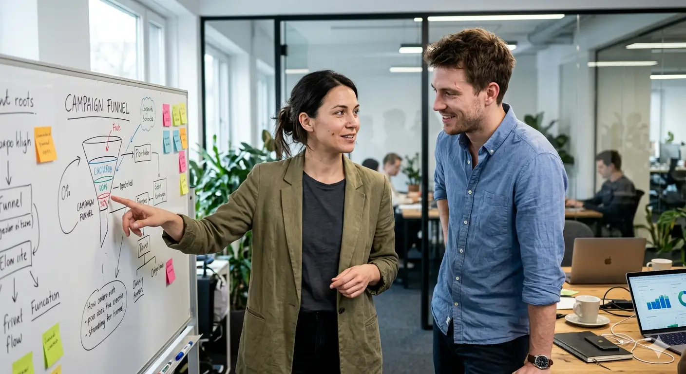 Two Chilliwack Marketing strategists mapping a campaign funnel on a whiteboard during a planning session